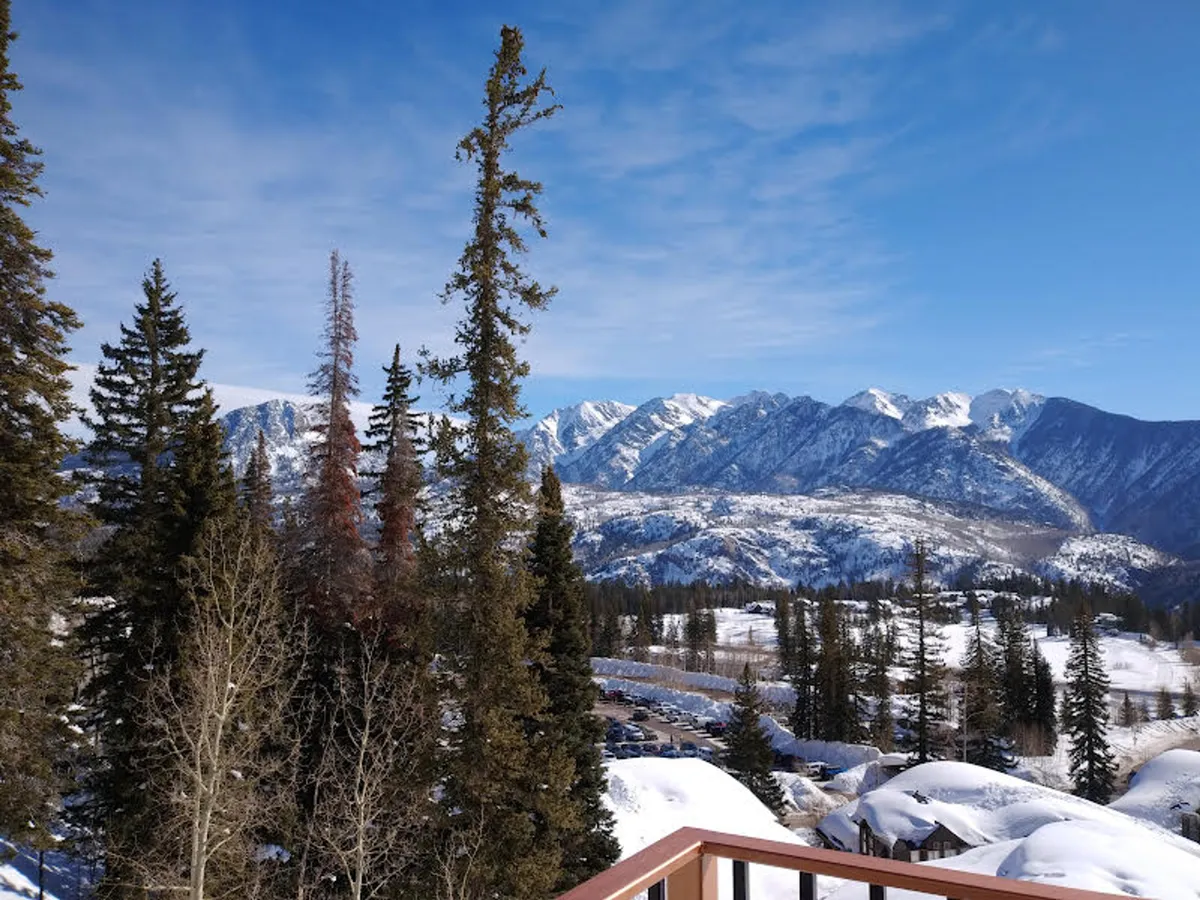 A breathtaking view of the majestic San Juan Mountains with tall evergreen trees under a clear blue sky. The scene radiates tranquility and invites thoughts of hiking, photography, and nature watching. The vastness and beauty of the mountains are front and center, making it perfect for adventurers.